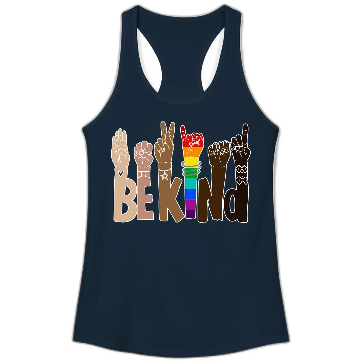 Six illustrated hands in diverse skin tones displaying peace signs and fists, with center fist in rainbow pride colors and 'BE KIND' text below in Solid Midnight Navy