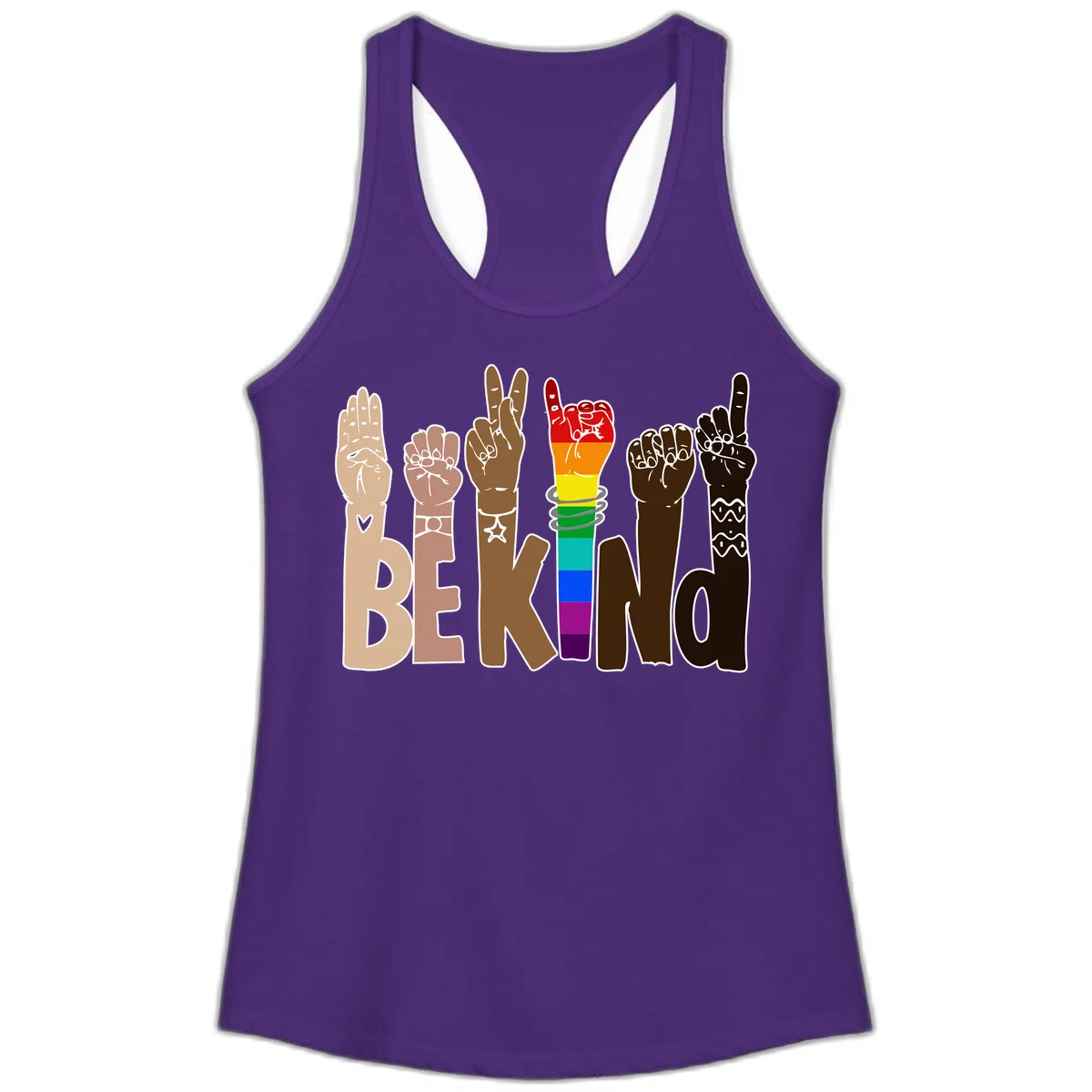 Six illustrated hands in diverse skin tones displaying peace signs and fists, with center fist in rainbow pride colors and 'BE KIND' text below in Solid Purple Rush