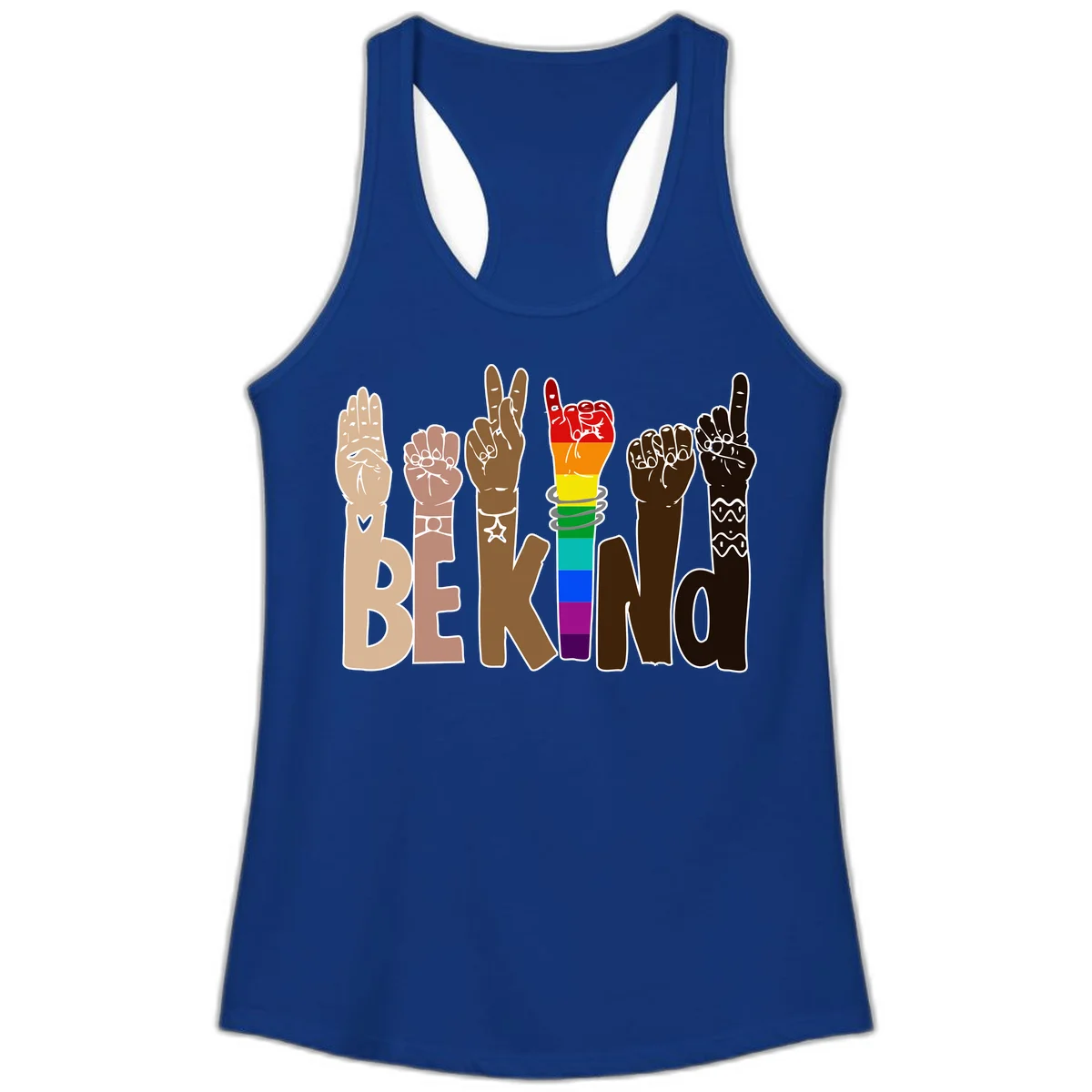 Six illustrated hands in diverse skin tones displaying peace signs and fists, with center fist in rainbow pride colors and 'BE KIND' text below in Solid Royal