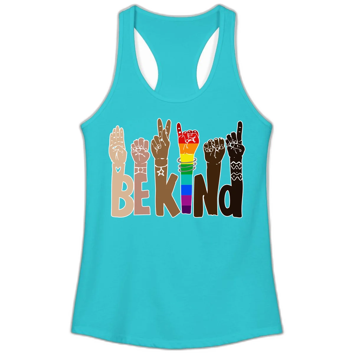 Six illustrated hands in diverse skin tones displaying peace signs and fists, with center fist in rainbow pride colors and 'BE KIND' text below in Solid Tahiti Blue