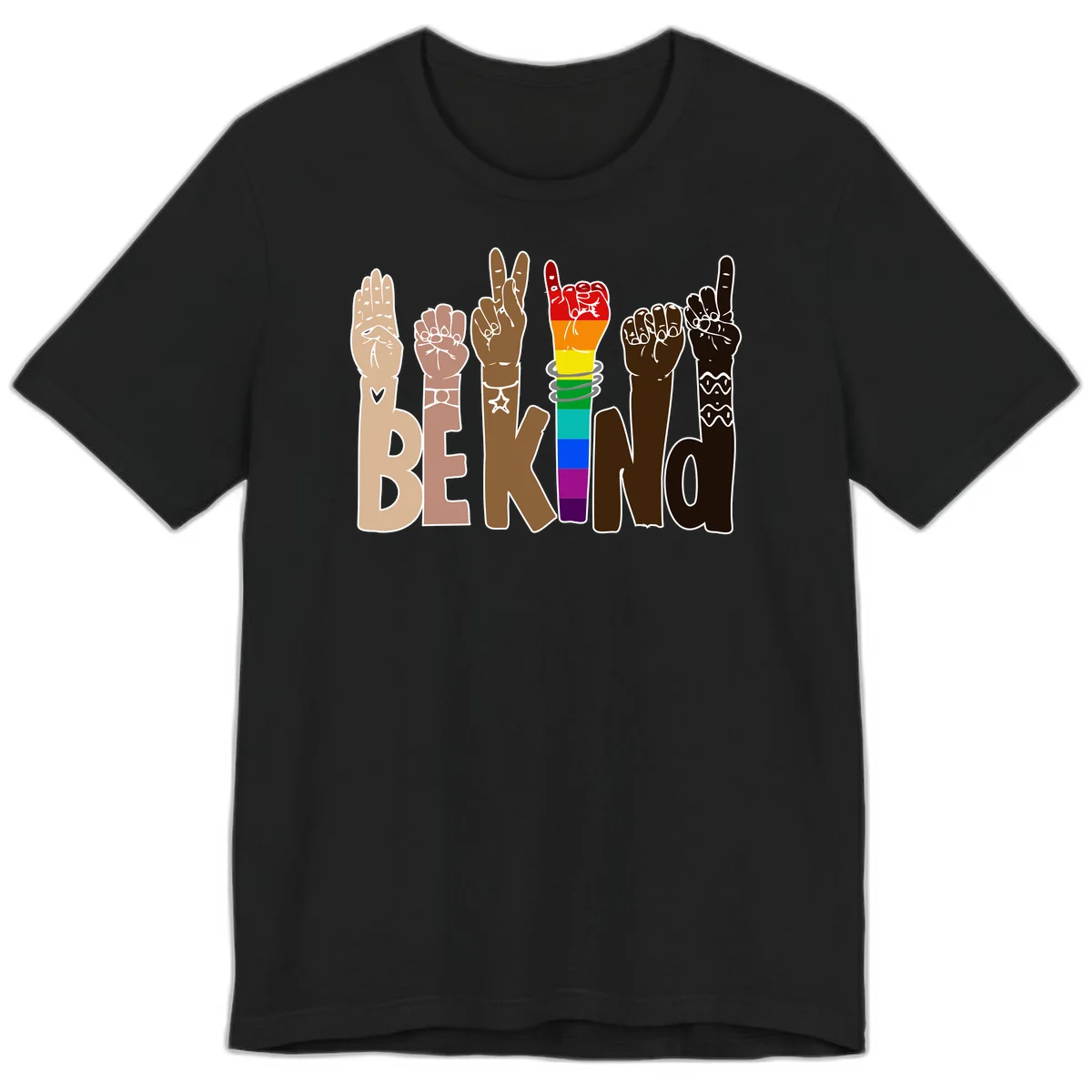 Six illustrated hands in diverse skin tones displaying peace signs and fists, with center fist in rainbow pride colors and 'BE KIND' text below in Black