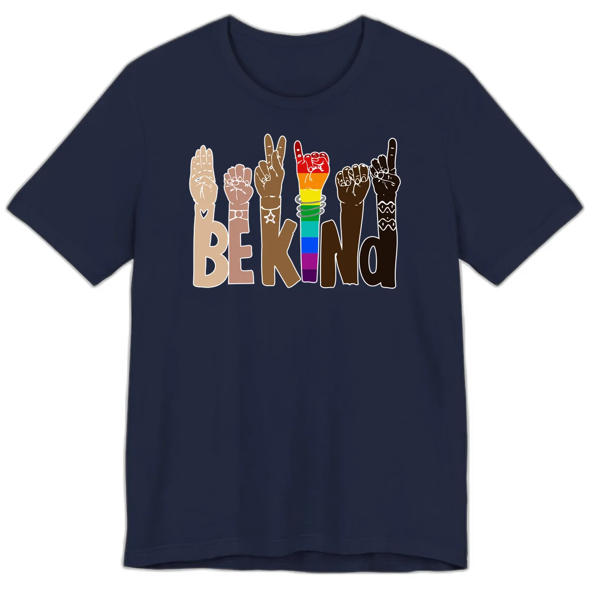 Six illustrated hands in diverse skin tones displaying peace signs and fists, with center fist in rainbow pride colors and 'BE KIND' text below in Navy