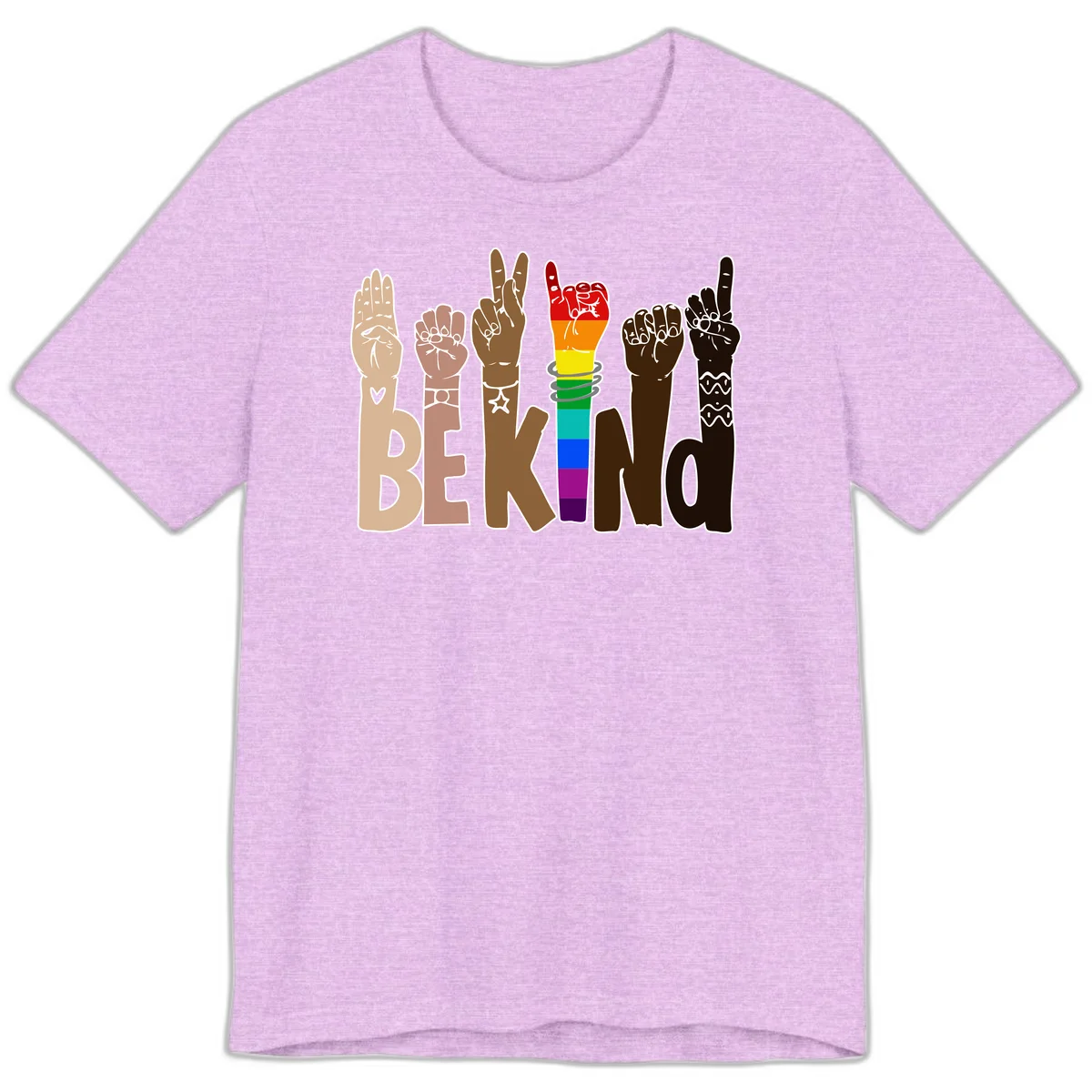 Six illustrated hands in diverse skin tones displaying peace signs and fists, with center fist in rainbow pride colors and 'BE KIND' text below in Heather Prism Lilac