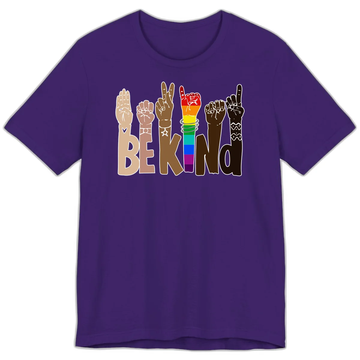 Six illustrated hands in diverse skin tones displaying peace signs and fists, with center fist in rainbow pride colors and 'BE KIND' text below in Team Purple