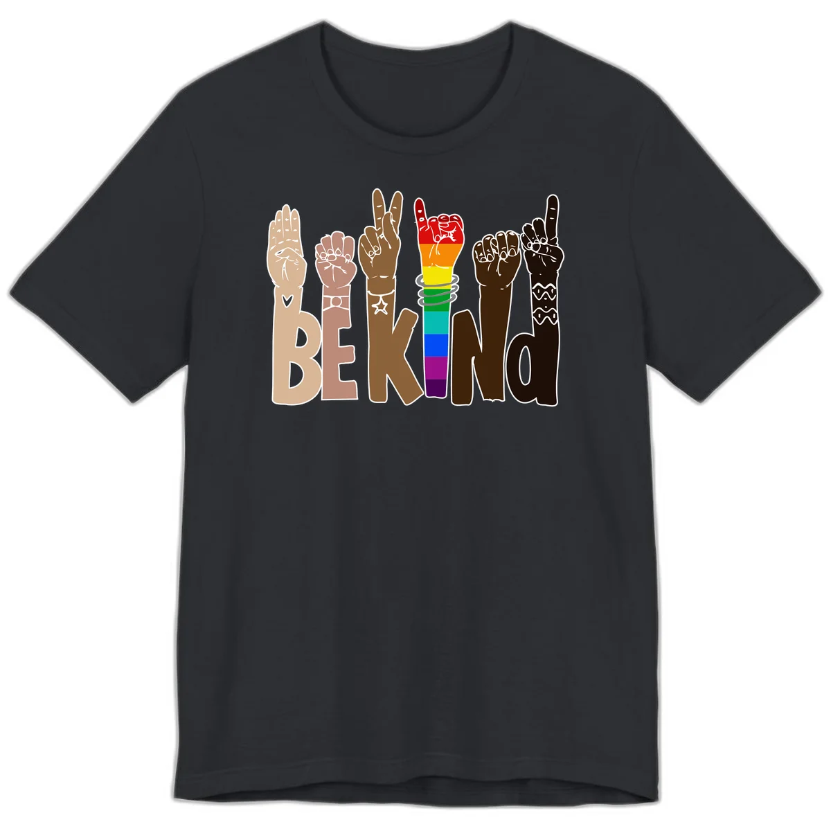 Six illustrated hands in diverse skin tones displaying peace signs and fists, with center fist in rainbow pride colors and 'BE KIND' text below in Vintage Black