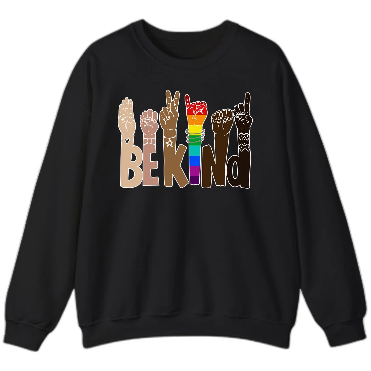 Six illustrated hands in diverse skin tones displaying peace signs and fists, with center fist in rainbow pride colors and 'BE KIND' text below in Black