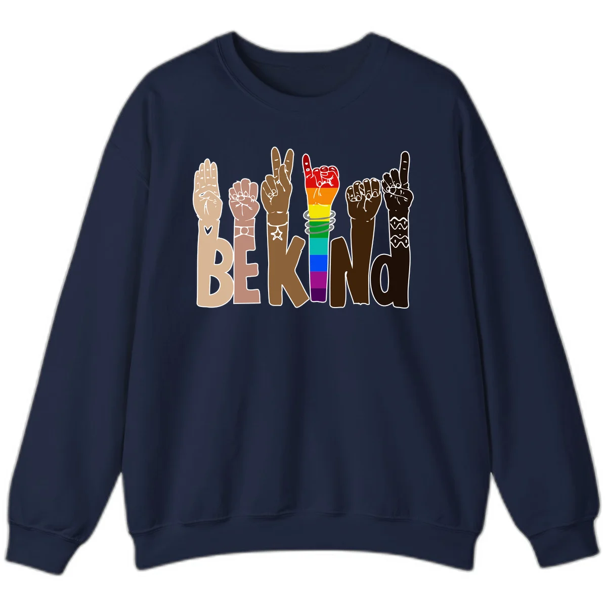 Six illustrated hands in diverse skin tones displaying peace signs and fists, with center fist in rainbow pride colors and 'BE KIND' text below in Navy