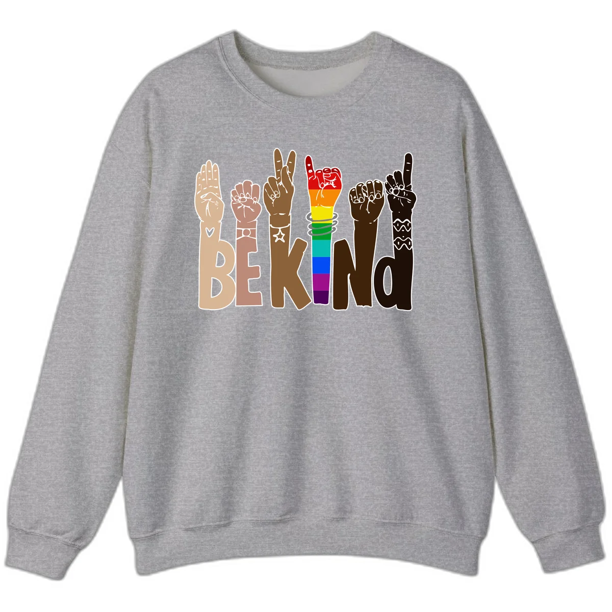 Six illustrated hands in diverse skin tones displaying peace signs and fists, with center fist in rainbow pride colors and 'BE KIND' text below in Sport Grey