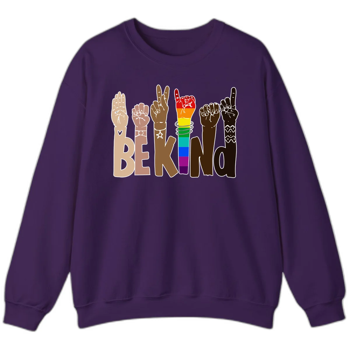 Six illustrated hands in diverse skin tones displaying peace signs and fists, with center fist in rainbow pride colors and 'BE KIND' text below in Purple