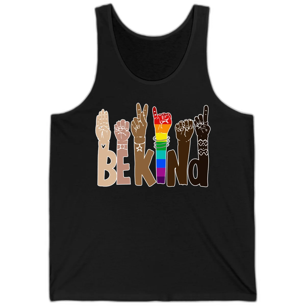 Six illustrated hands in diverse skin tones displaying peace signs and fists, with center fist in rainbow pride colors and 'BE KIND' text below in Black