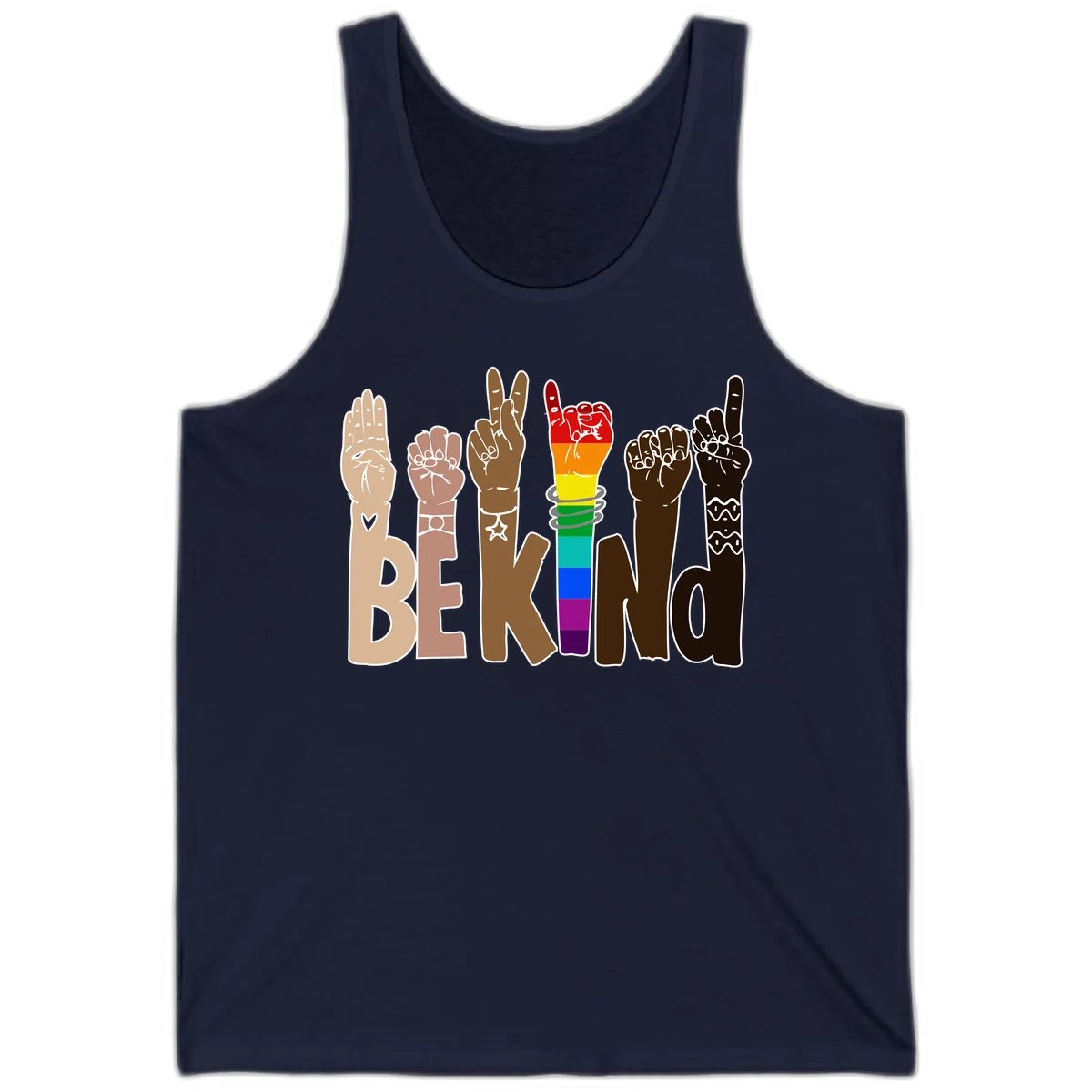 Six illustrated hands in diverse skin tones displaying peace signs and fists, with center fist in rainbow pride colors and 'BE KIND' text below in Navy