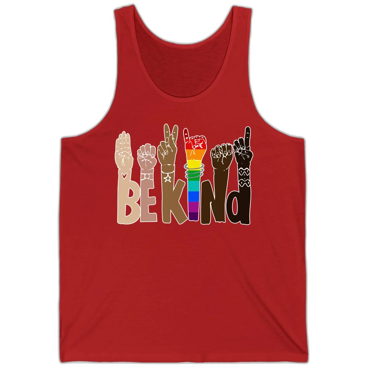 Six illustrated hands in diverse skin tones displaying peace signs and fists, with center fist in rainbow pride colors and 'BE KIND' text below in Red