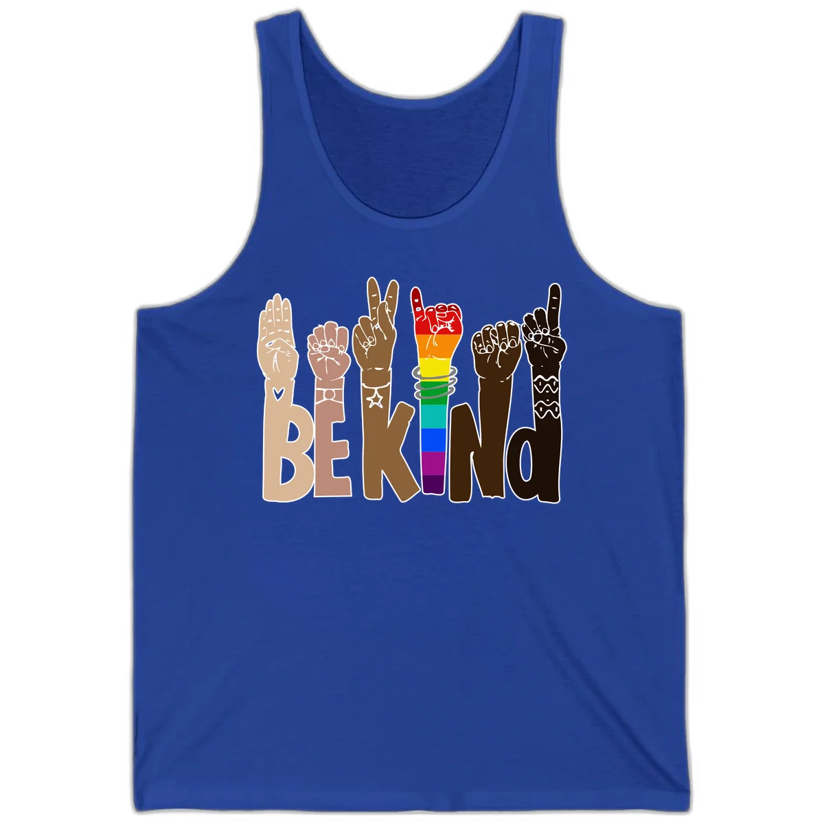 Six illustrated hands in diverse skin tones displaying peace signs and fists, with center fist in rainbow pride colors and 'BE KIND' text below in True Royal