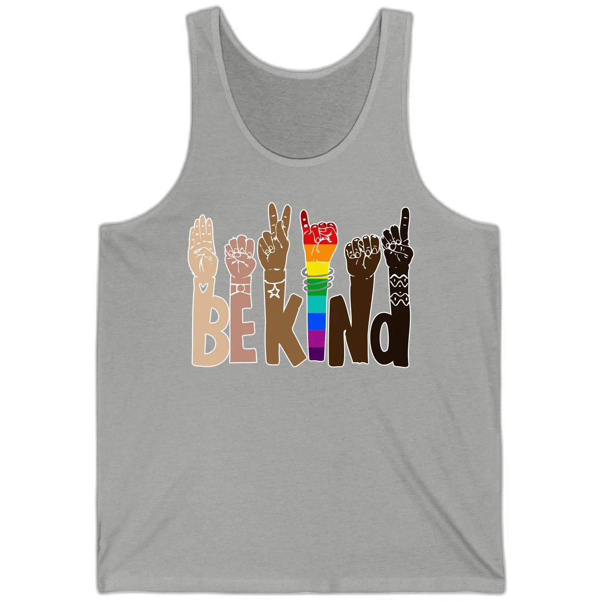 Six illustrated hands in diverse skin tones displaying peace signs and fists, with center fist in rainbow pride colors and 'BE KIND' text below in Athletic Heather