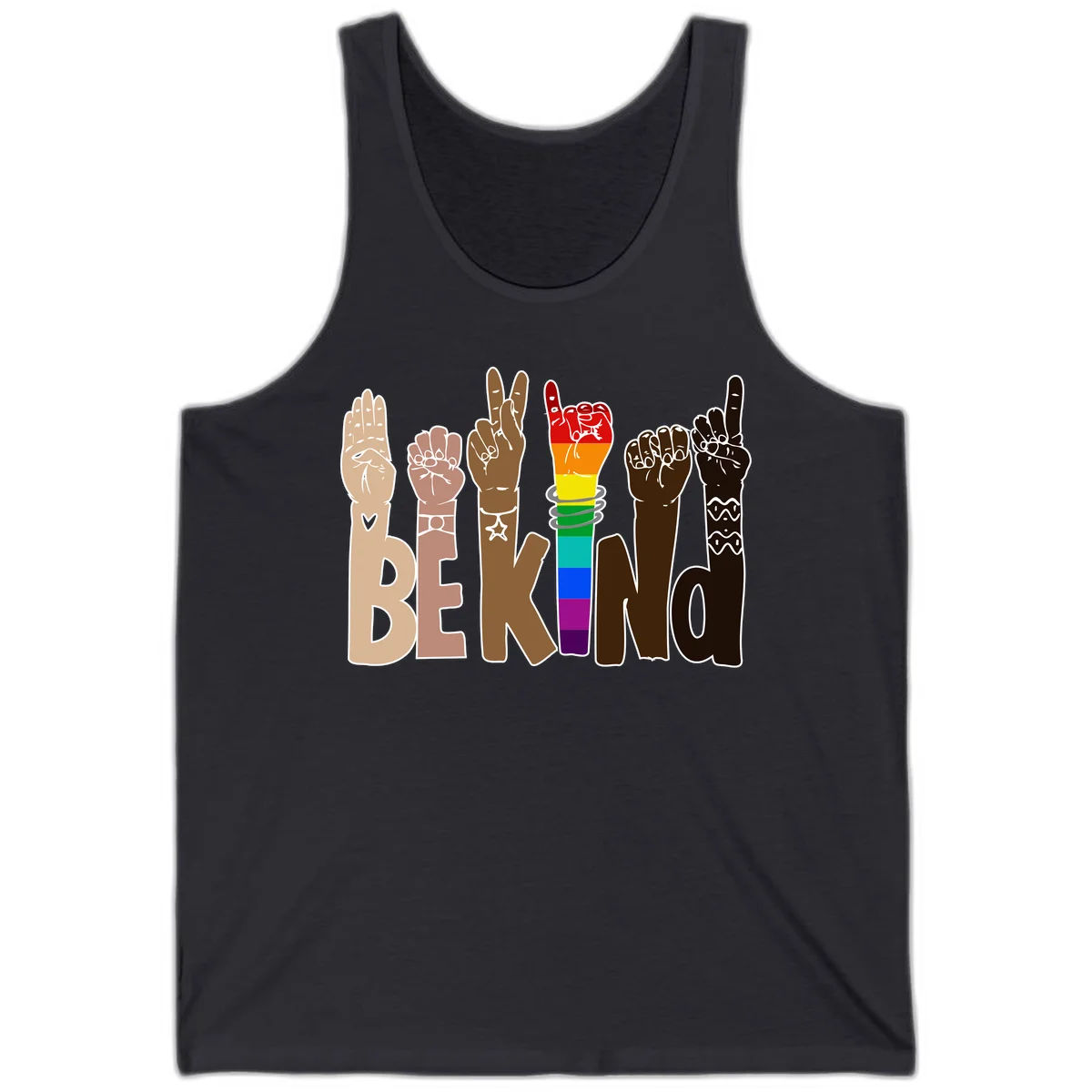 Six illustrated hands in diverse skin tones displaying peace signs and fists, with center fist in rainbow pride colors and 'BE KIND' text below in Dark Grey