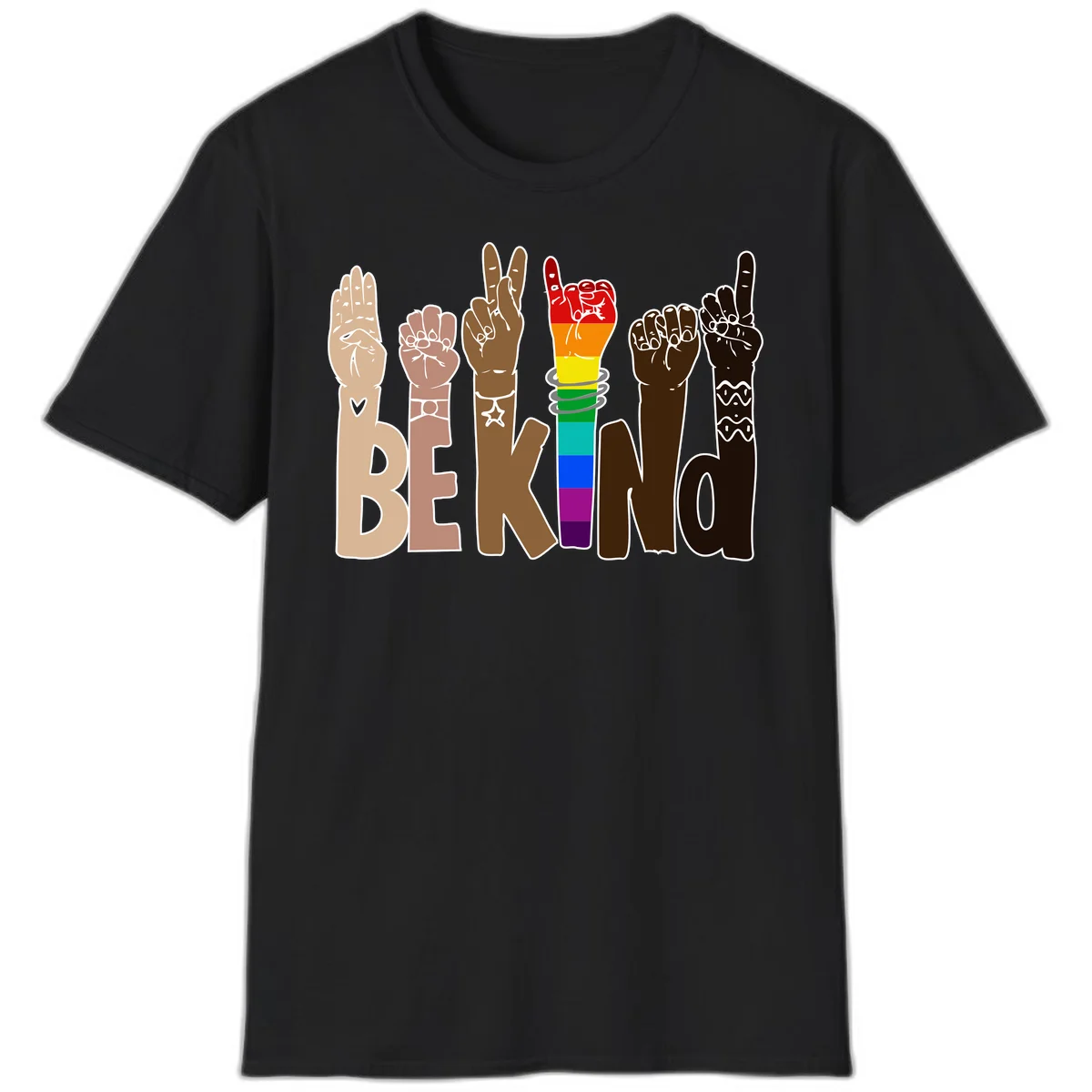 Six illustrated hands in diverse skin tones displaying peace signs and fists, with center fist in rainbow pride colors and 'BE KIND' text below in Black