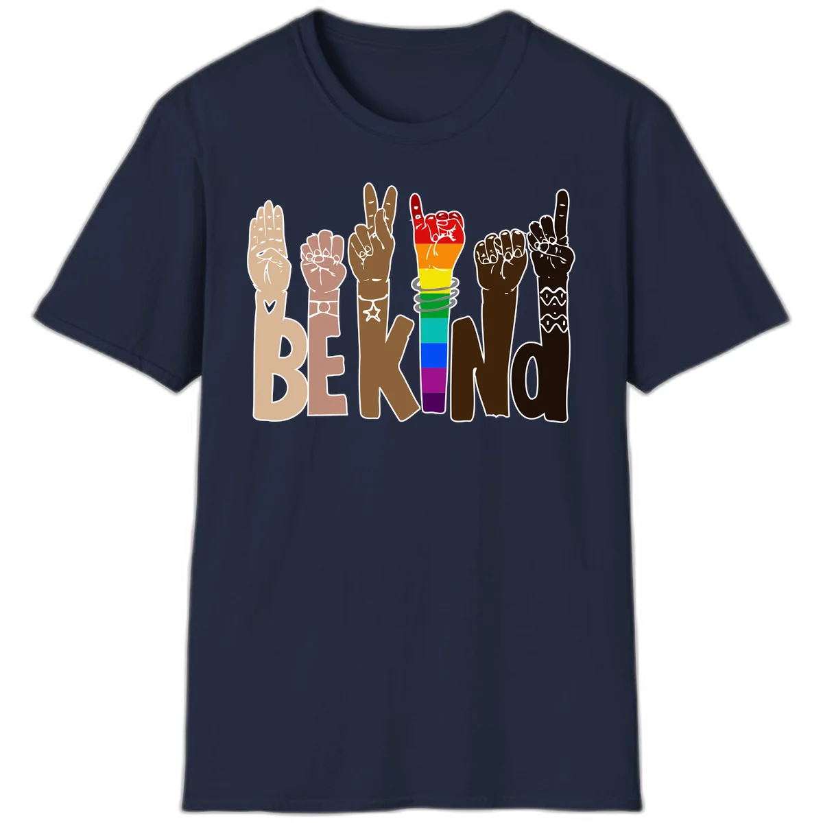 Six illustrated hands in diverse skin tones displaying peace signs and fists, with center fist in rainbow pride colors and 'BE KIND' text below in Navy