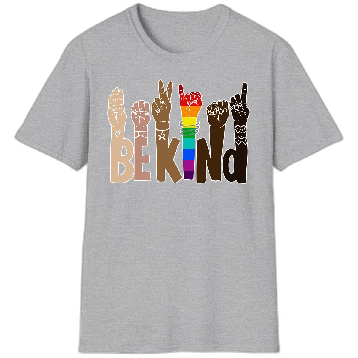 Six illustrated hands in diverse skin tones displaying peace signs and fists, with center fist in rainbow pride colors and 'BE KIND' text below in Sport Grey