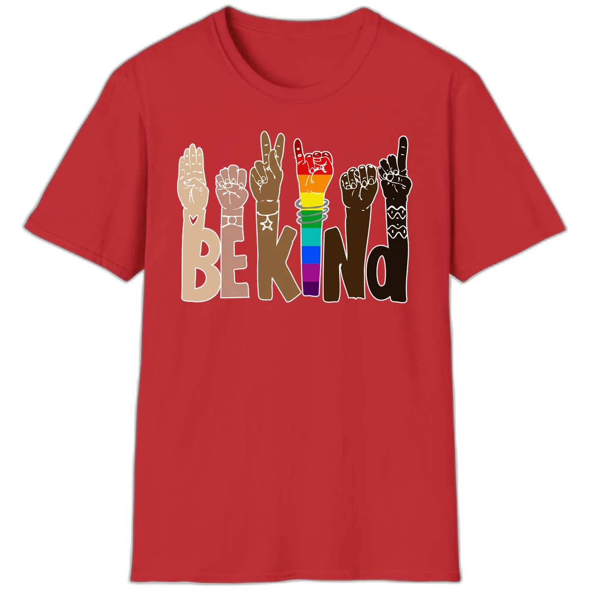 Six illustrated hands in diverse skin tones displaying peace signs and fists, with center fist in rainbow pride colors and 'BE KIND' text below in Red