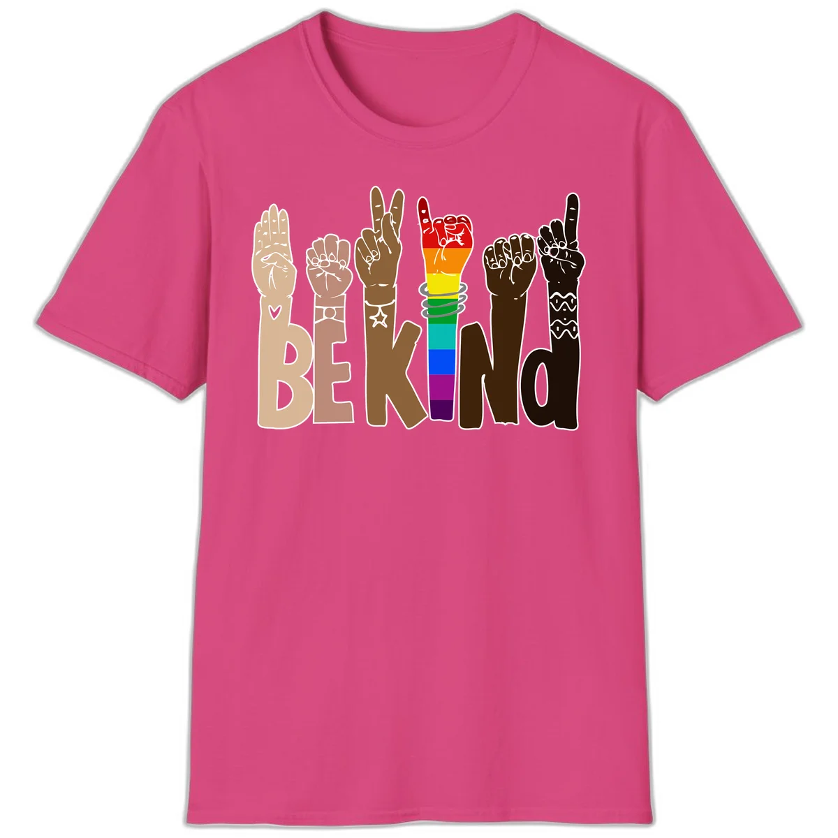 Six illustrated hands in diverse skin tones displaying peace signs and fists, with center fist in rainbow pride colors and 'BE KIND' text below in Heliconia