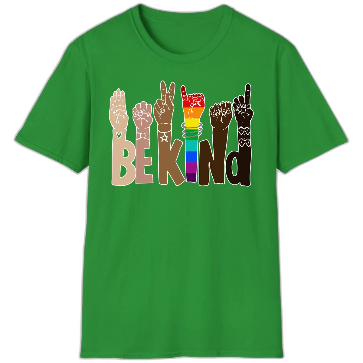 Six illustrated hands in diverse skin tones displaying peace signs and fists, with center fist in rainbow pride colors and 'BE KIND' text below in Irish Green