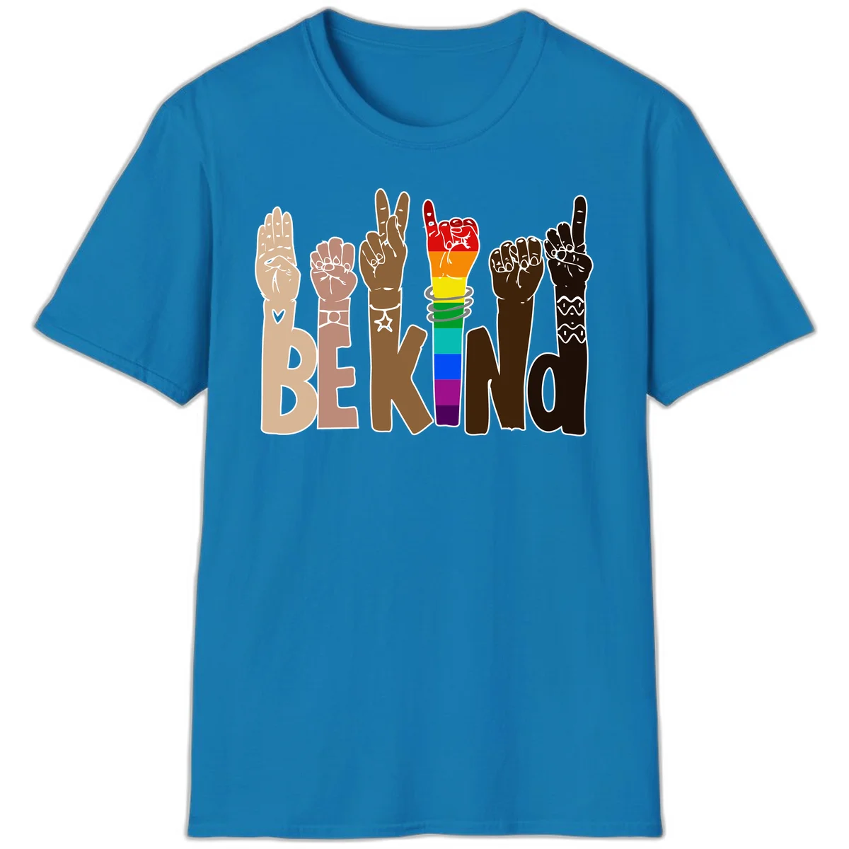 Six illustrated hands in diverse skin tones displaying peace signs and fists, with center fist in rainbow pride colors and 'BE KIND' text below in Sapphire