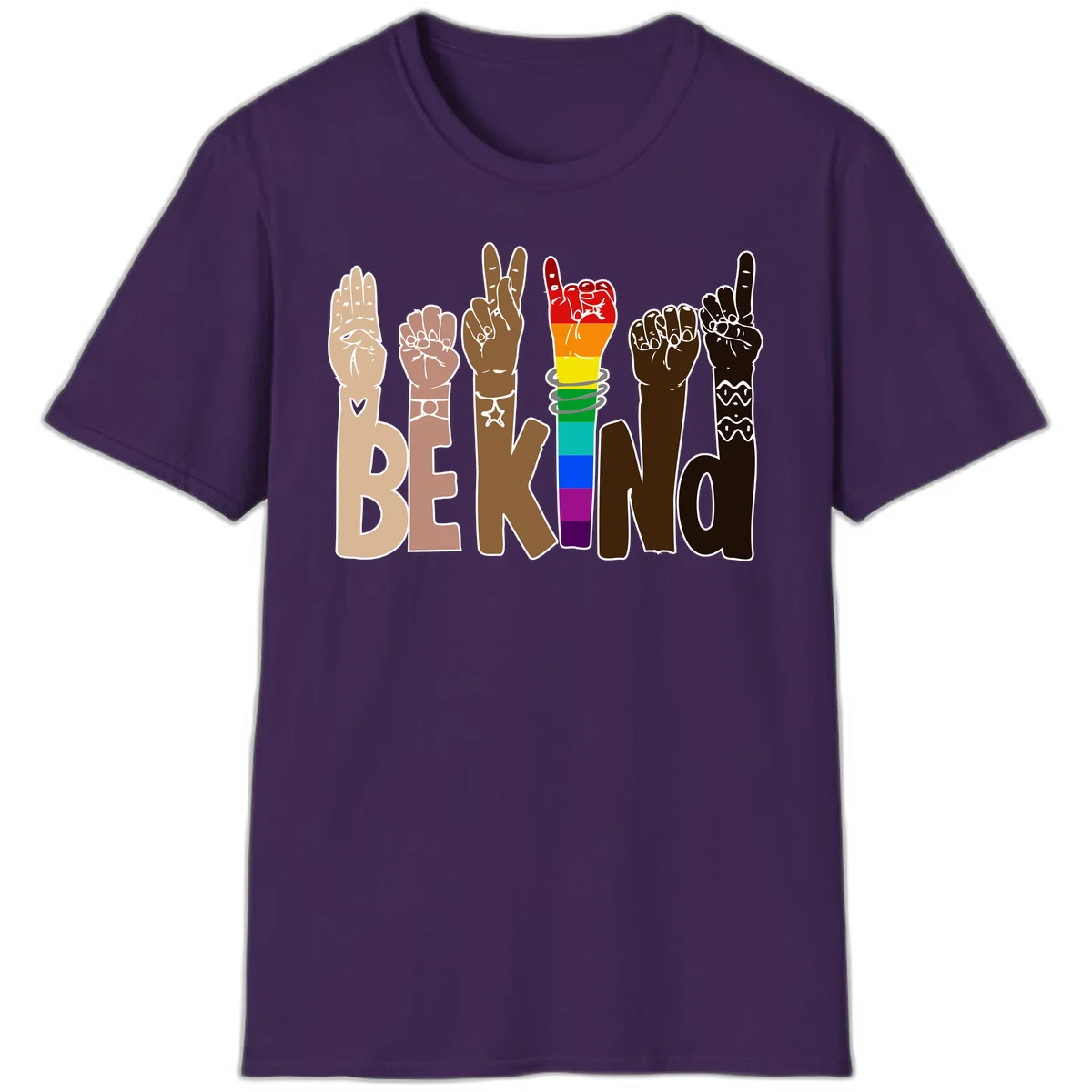 Six illustrated hands in diverse skin tones displaying peace signs and fists, with center fist in rainbow pride colors and 'BE KIND' text below in Purple
