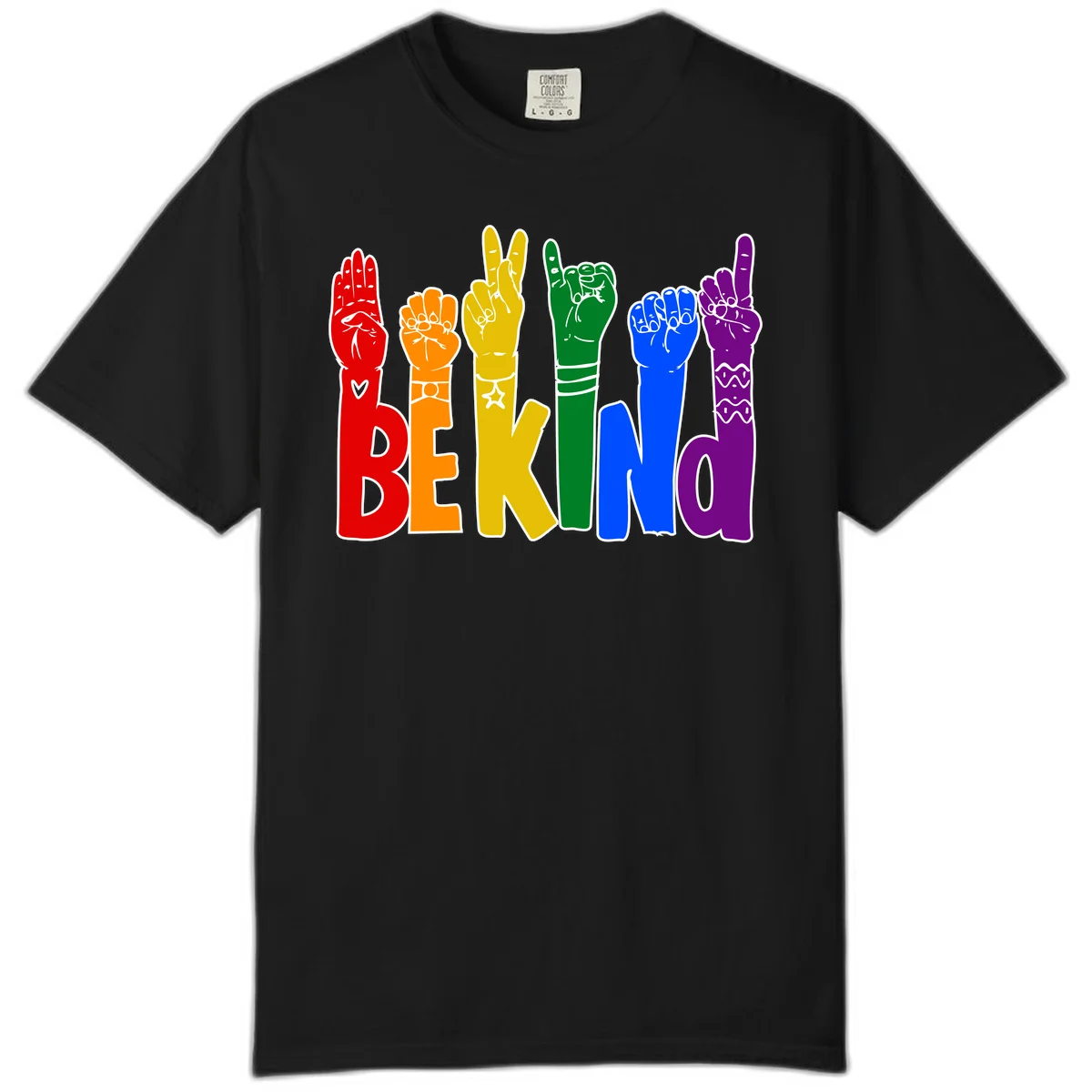 Six colorful raised fists in rainbow colors with 'BE KIND' text, promoting pride, equality, and inclusive messaging in Black