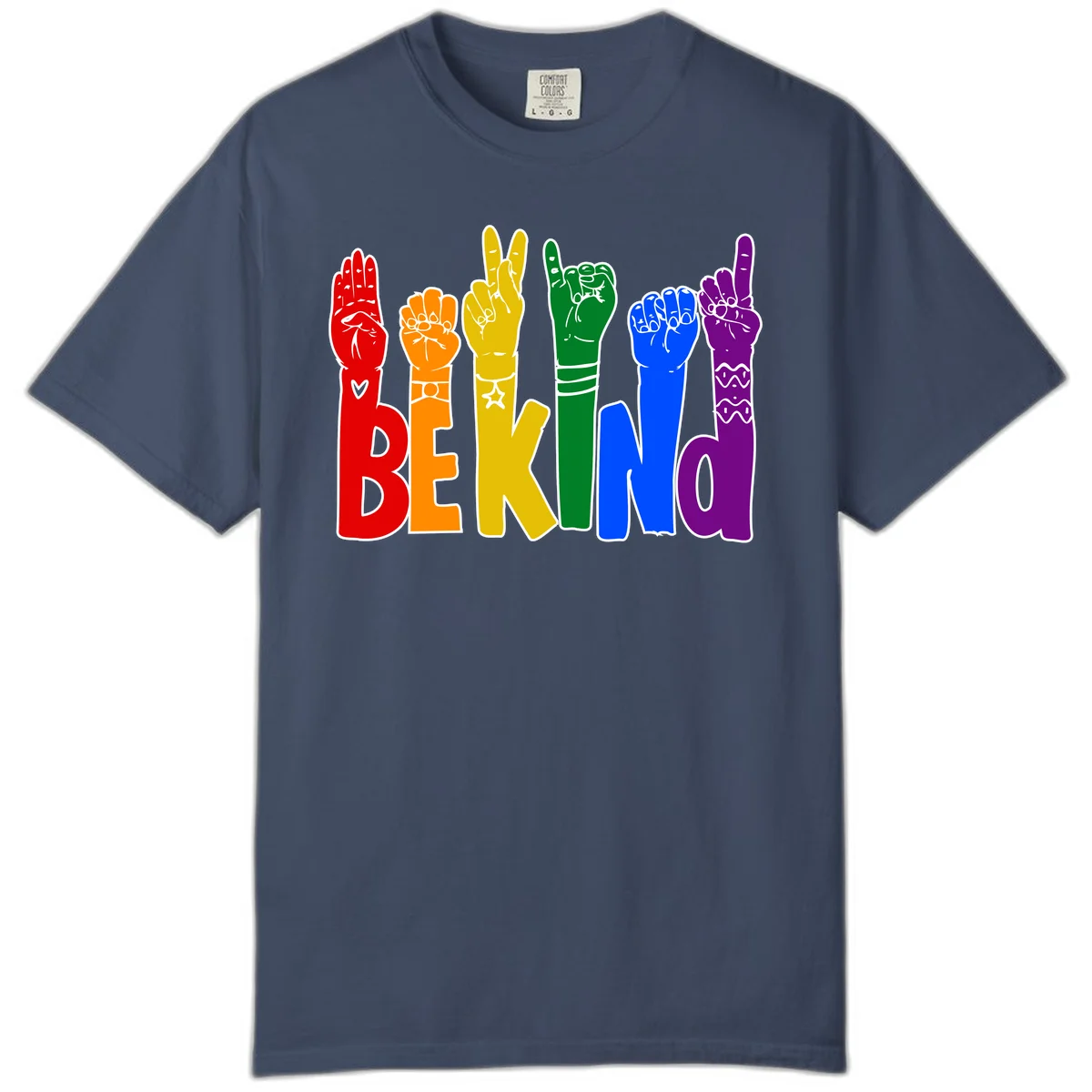 Six colorful raised fists in rainbow colors with 'BE KIND' text, promoting pride, equality, and inclusive messaging in Midnight