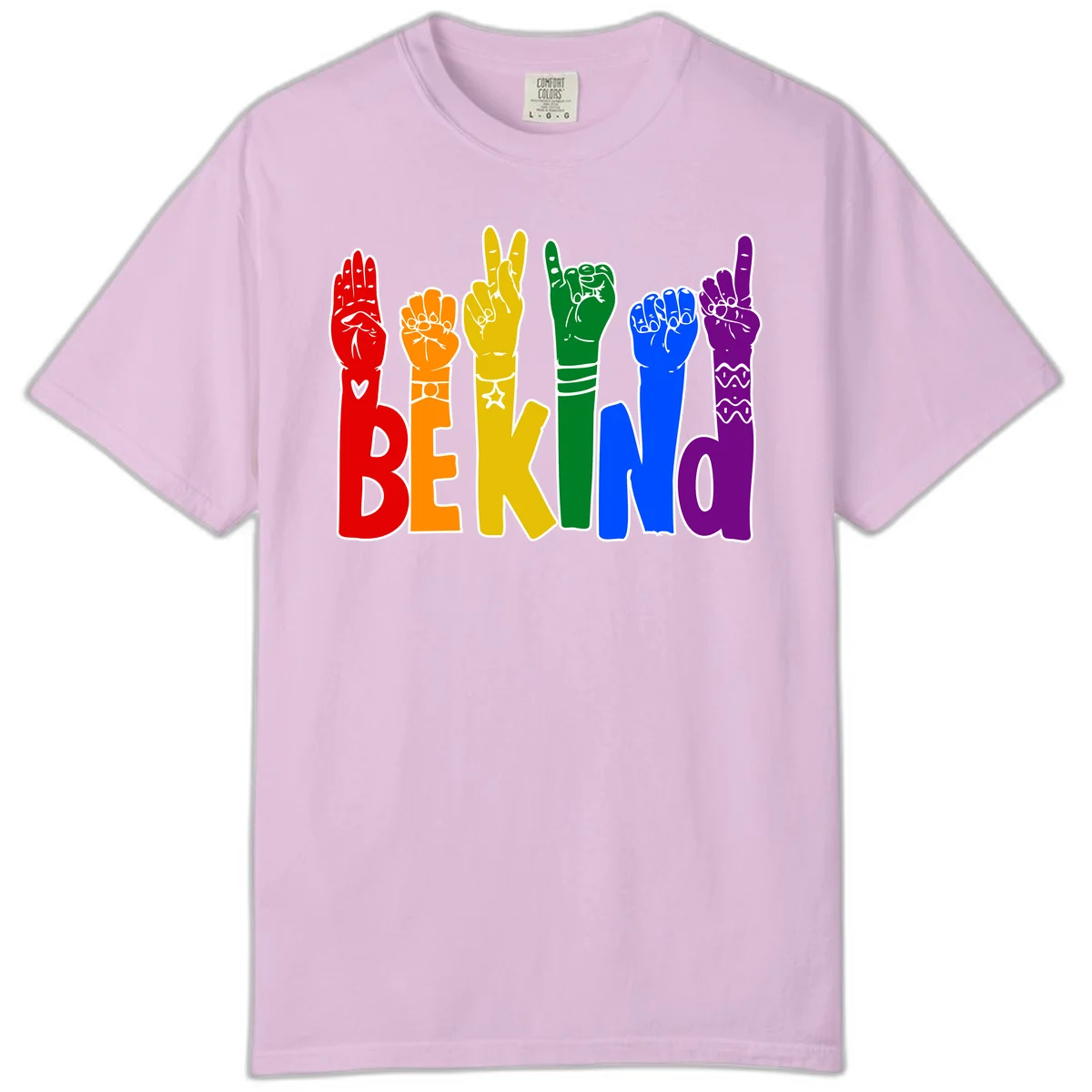 Six colorful raised fists in rainbow colors with 'BE KIND' text, promoting pride, equality, and inclusive messaging in Orchid