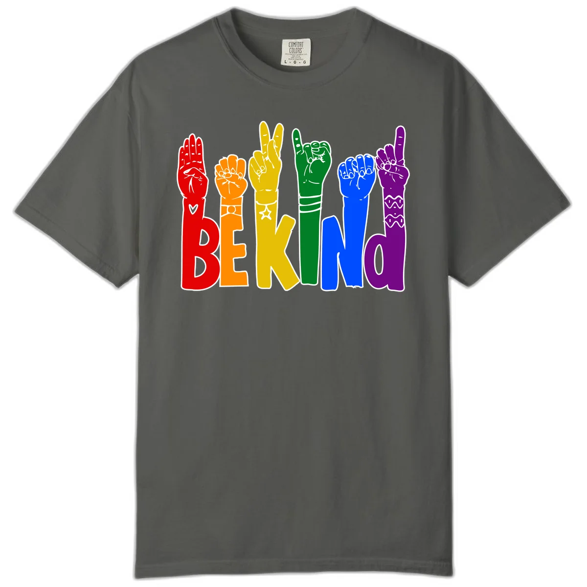 Six colorful raised fists in rainbow colors with 'BE KIND' text, promoting pride, equality, and inclusive messaging in Pepper