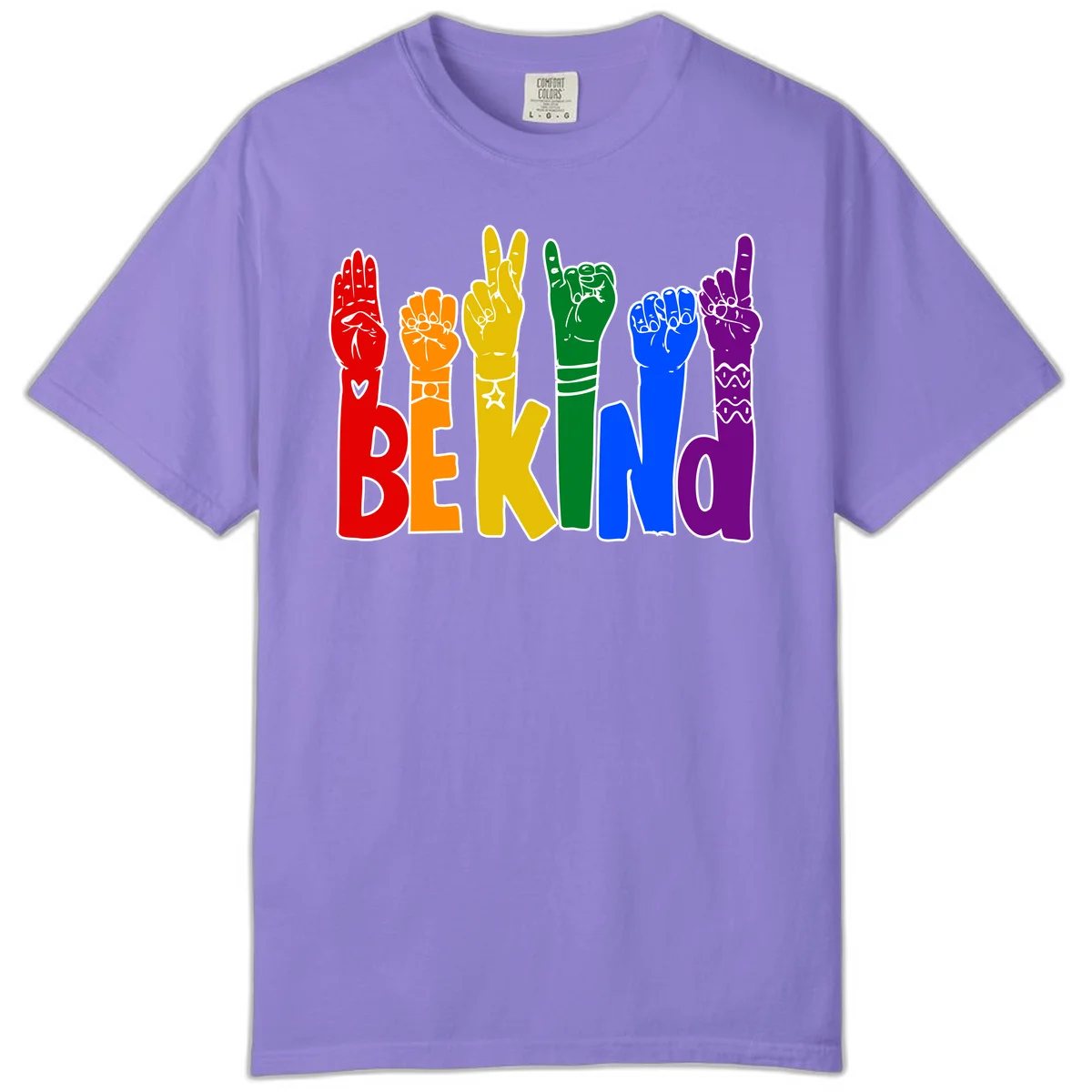 Six colorful raised fists in rainbow colors with 'BE KIND' text, promoting pride, equality, and inclusive messaging in Violet