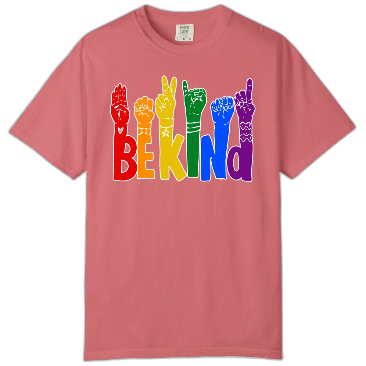 Six colorful raised fists in rainbow colors with 'BE KIND' text, promoting pride, equality, and inclusive messaging in Watermelon