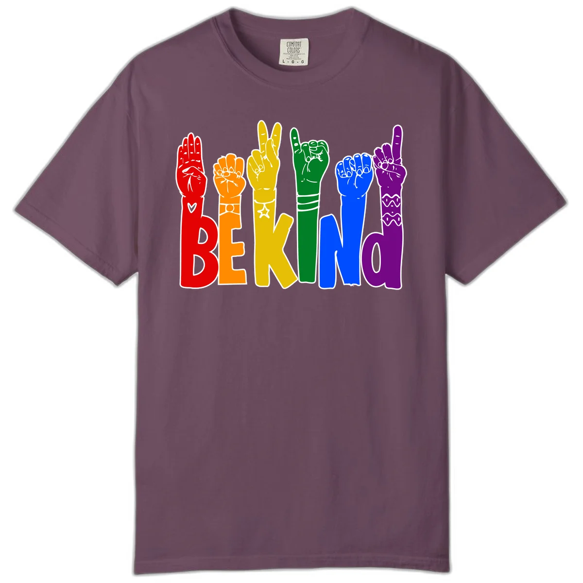 Six colorful raised fists in rainbow colors with 'BE KIND' text, promoting pride, equality, and inclusive messaging in Berry