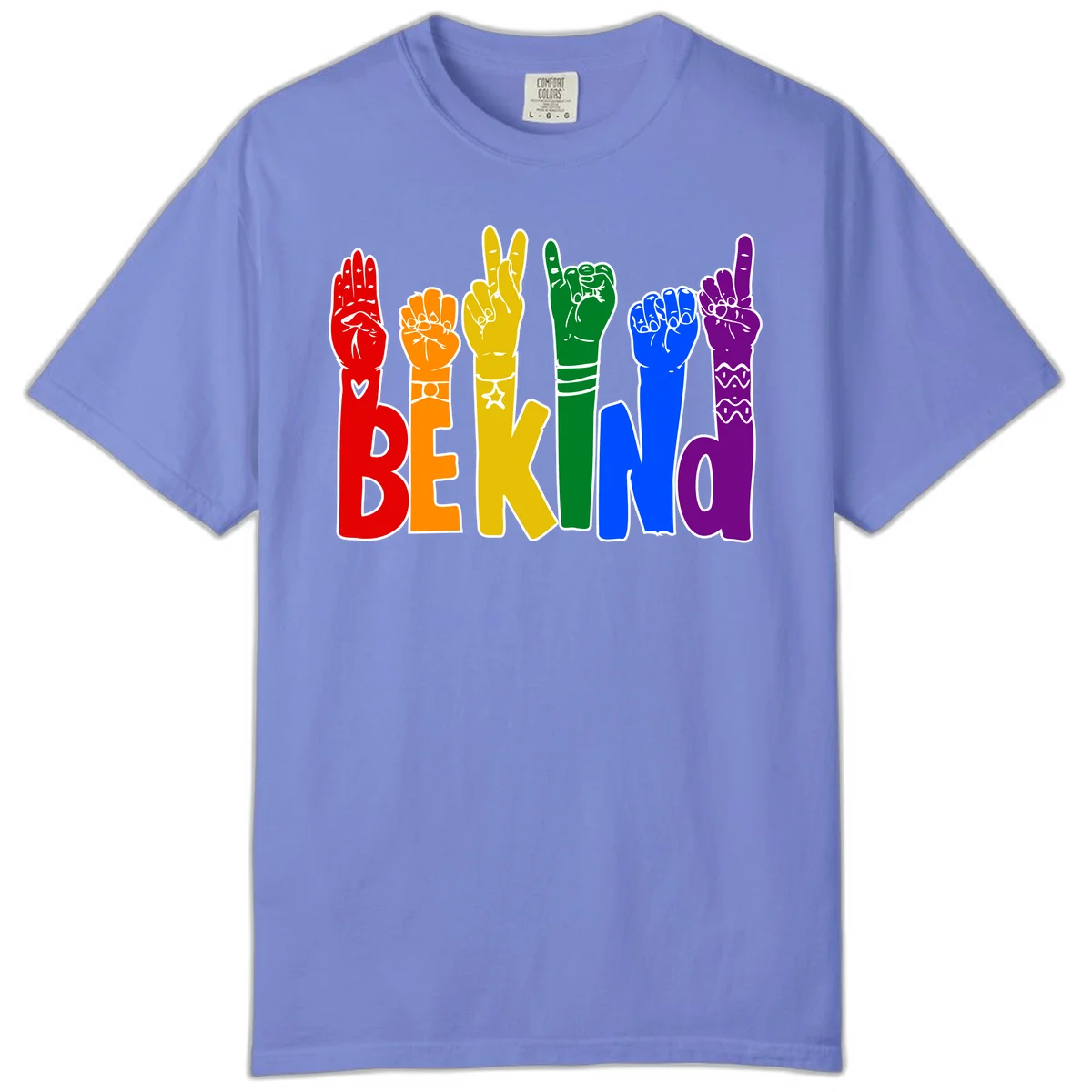 Six colorful raised fists in rainbow colors with 'BE KIND' text, promoting pride, equality, and inclusive messaging in Flo Blue