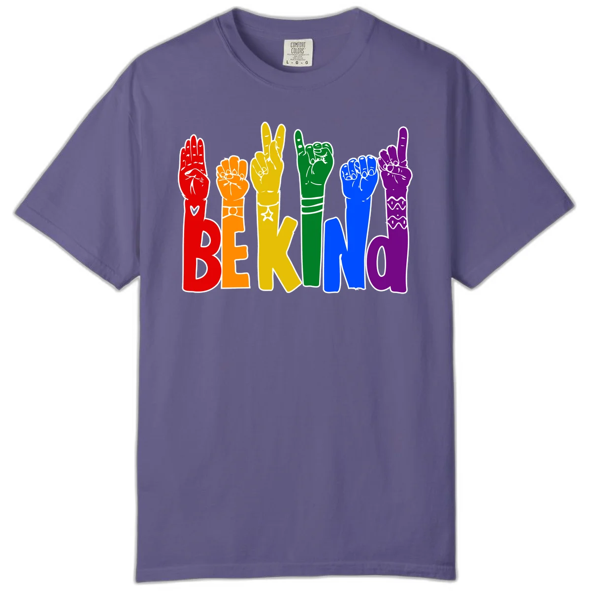 Six colorful raised fists in rainbow colors with 'BE KIND' text, promoting pride, equality, and inclusive messaging in Grape