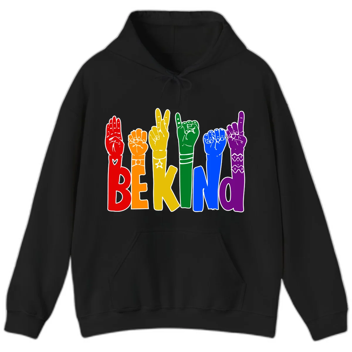 Six colorful raised fists in rainbow colors with 'BE KIND' text, promoting pride, equality, and inclusive messaging in Black
