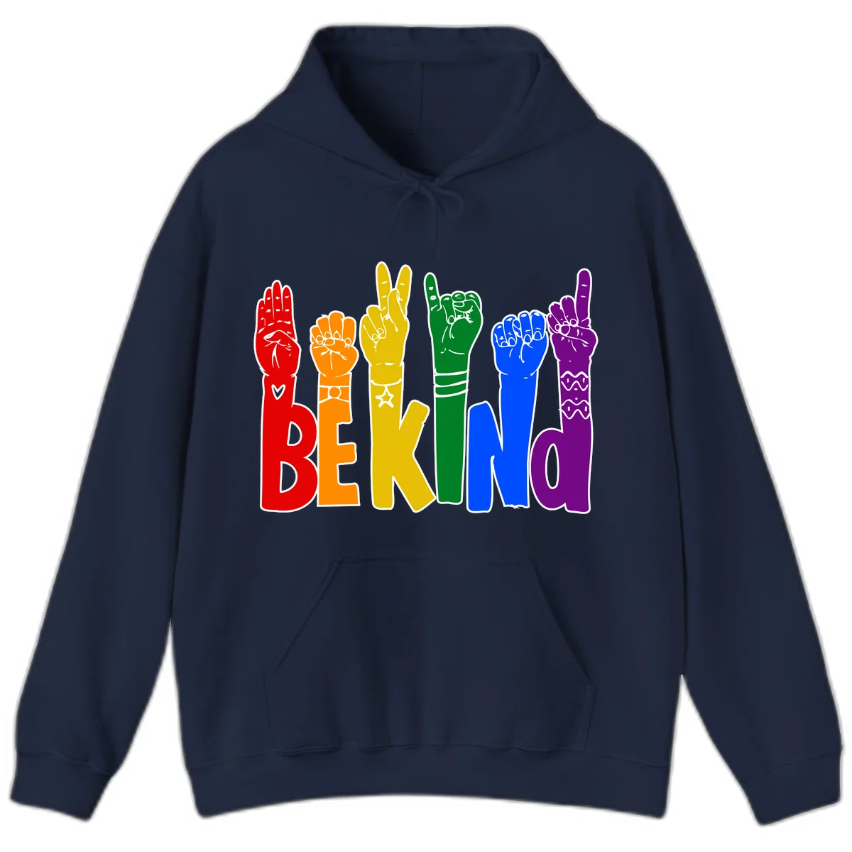 Six colorful raised fists in rainbow colors with 'BE KIND' text, promoting pride, equality, and inclusive messaging in Navy