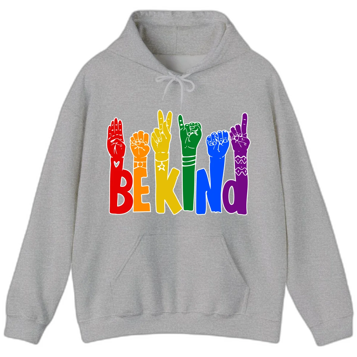 Six colorful raised fists in rainbow colors with 'BE KIND' text, promoting pride, equality, and inclusive messaging in Sport Grey