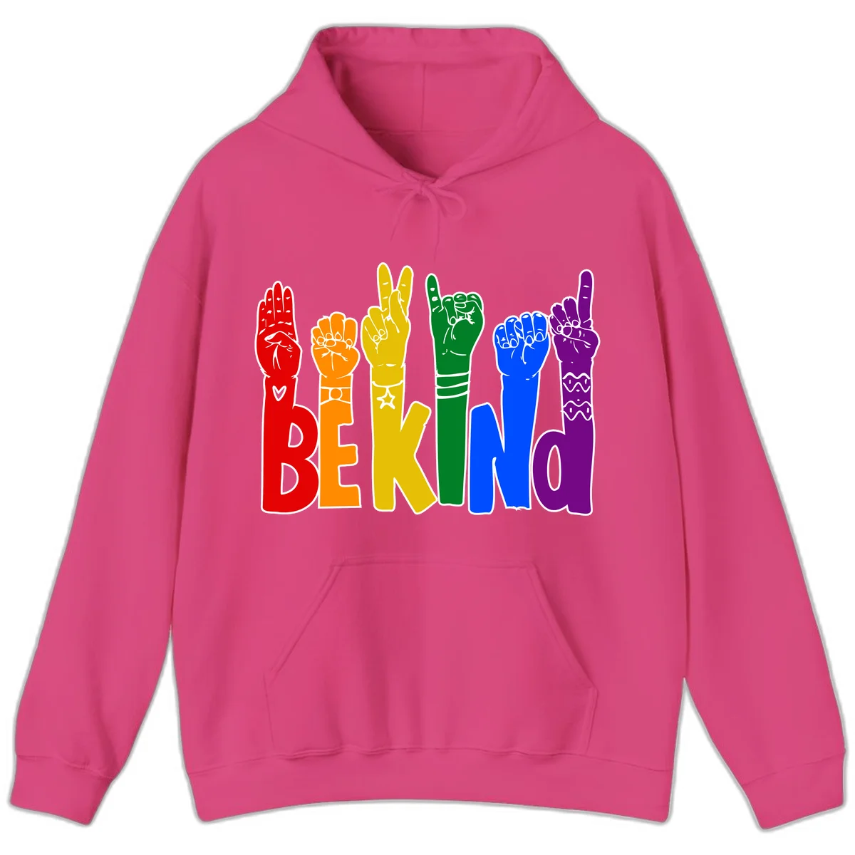 Six colorful raised fists in rainbow colors with 'BE KIND' text, promoting pride, equality, and inclusive messaging in Heliconia