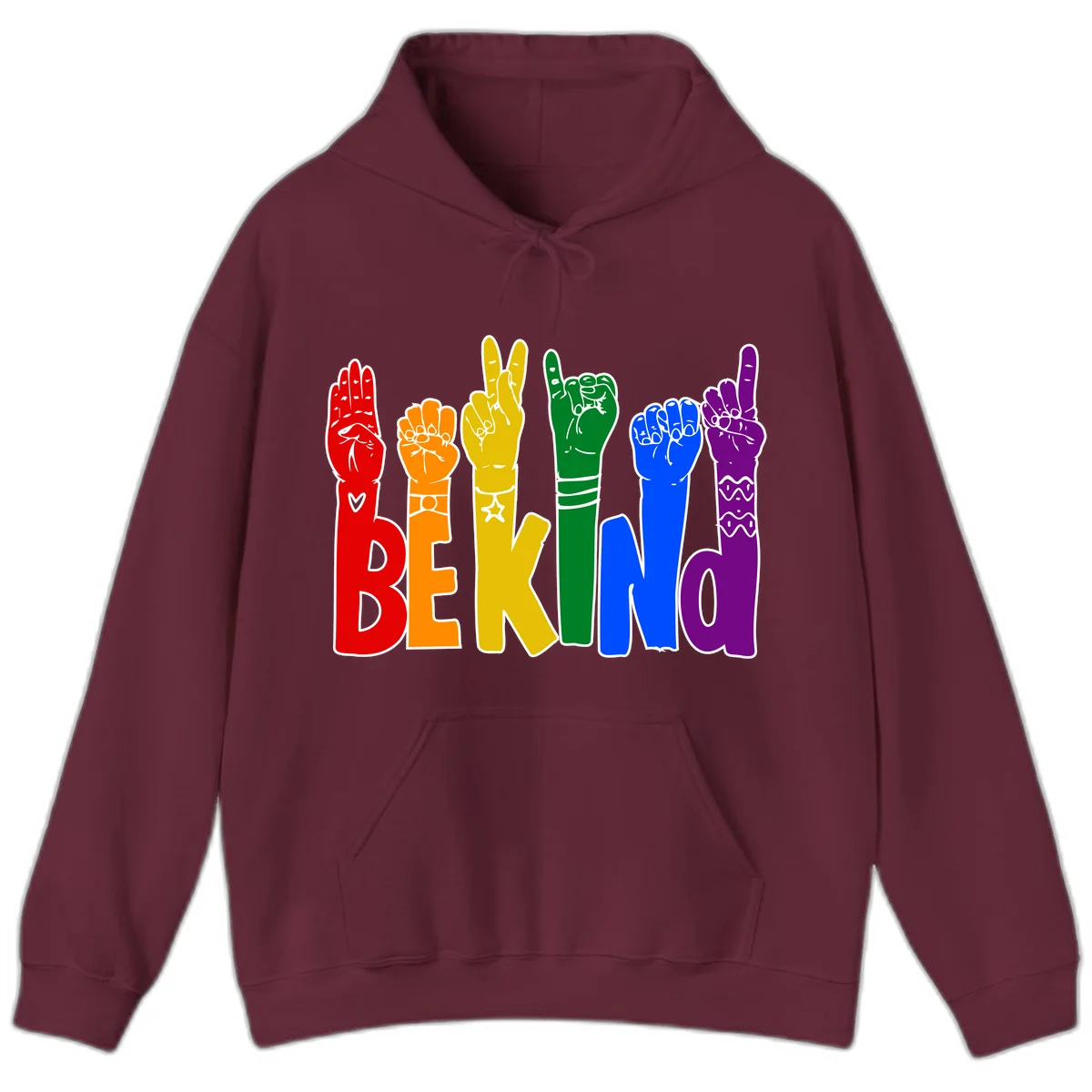 Six colorful raised fists in rainbow colors with 'BE KIND' text, promoting pride, equality, and inclusive messaging in Maroon