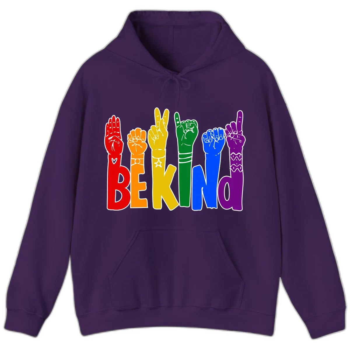 Six colorful raised fists in rainbow colors with 'BE KIND' text, promoting pride, equality, and inclusive messaging in Purple