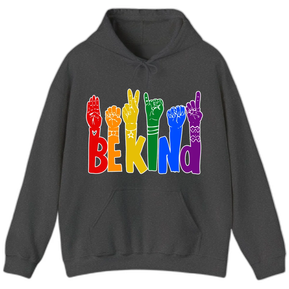 Six colorful raised fists in rainbow colors with 'BE KIND' text, promoting pride, equality, and inclusive messaging in Dark Heather