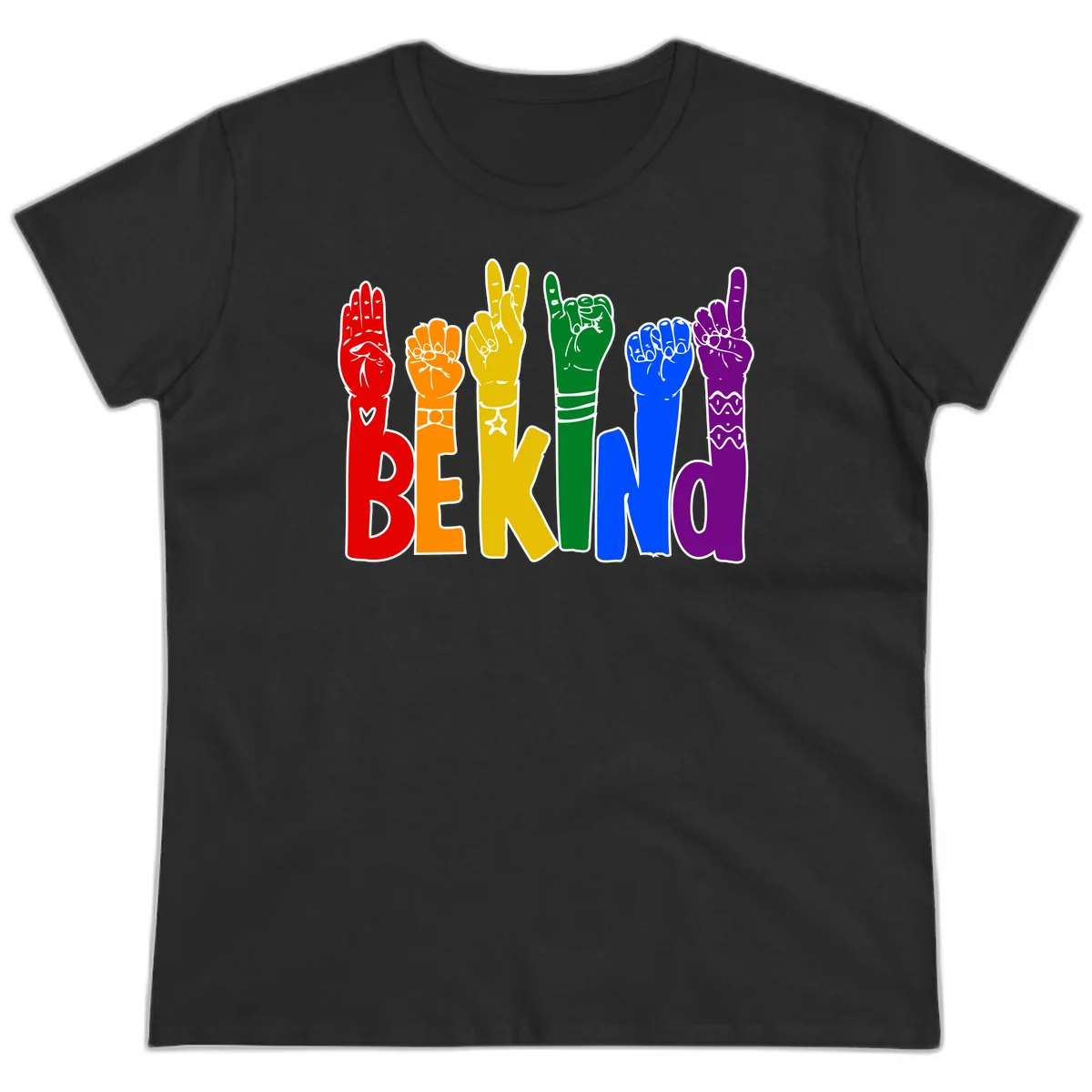 Six colorful raised fists in rainbow colors with 'BE KIND' text, promoting pride, equality, and inclusive messaging in Black