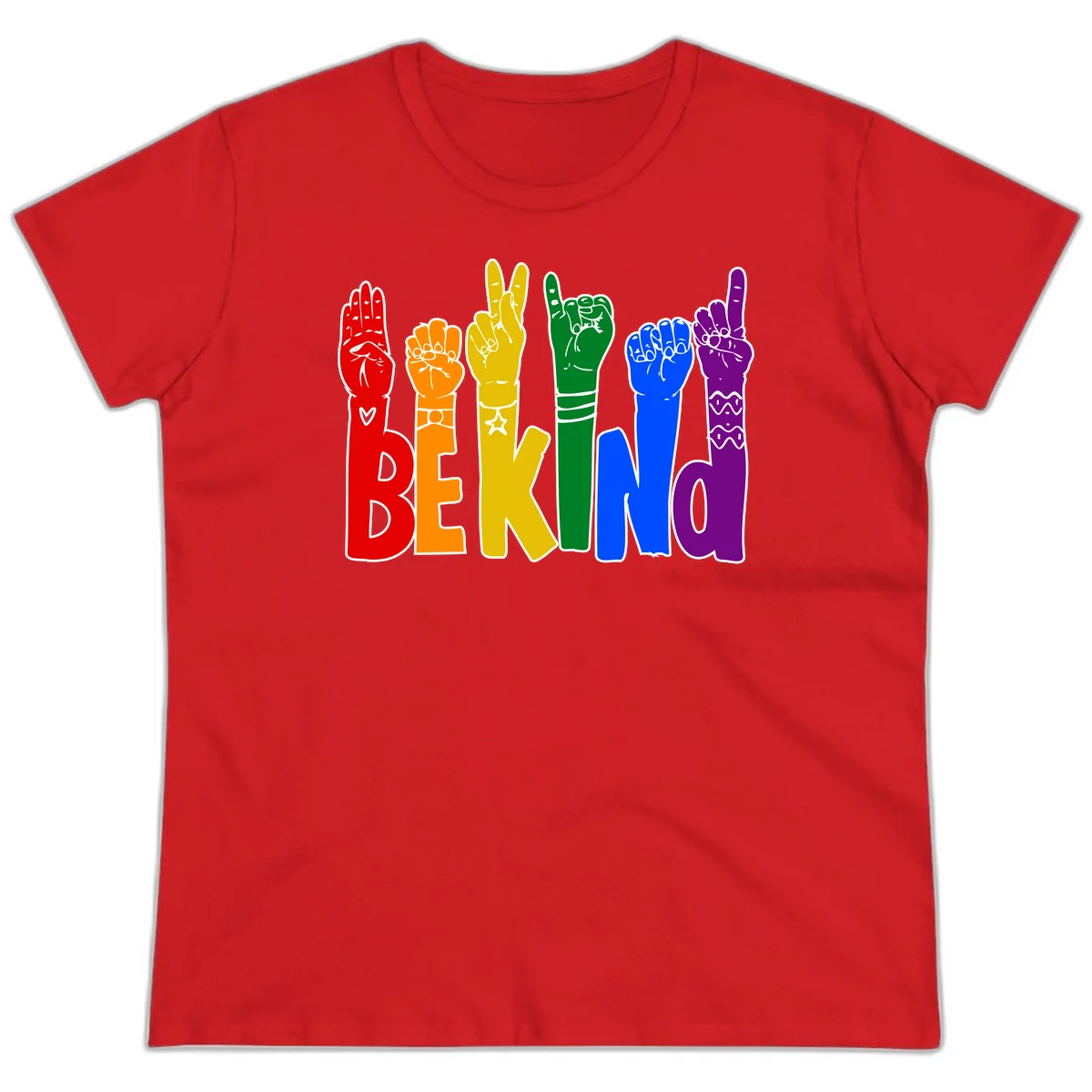 Six colorful raised fists in rainbow colors with 'BE KIND' text, promoting pride, equality, and inclusive messaging in Red