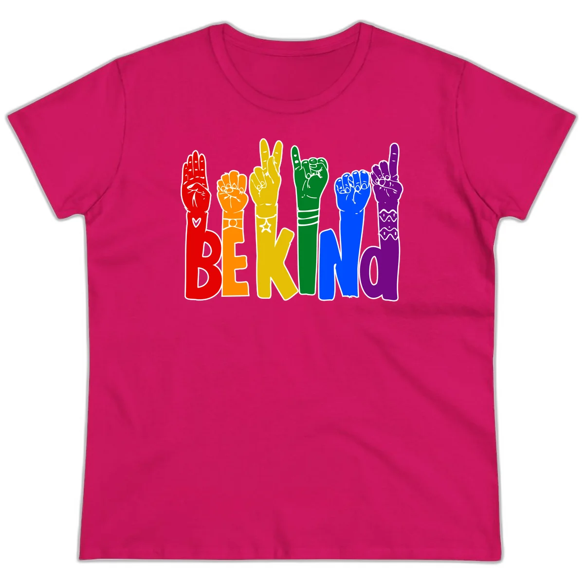 Six colorful raised fists in rainbow colors with 'BE KIND' text, promoting pride, equality, and inclusive messaging in Heliconia
