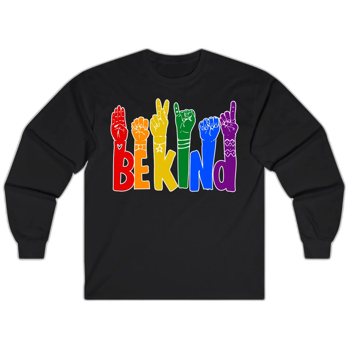 Six colorful raised fists in rainbow colors with 'BE KIND' text, promoting pride, equality, and inclusive messaging in Black