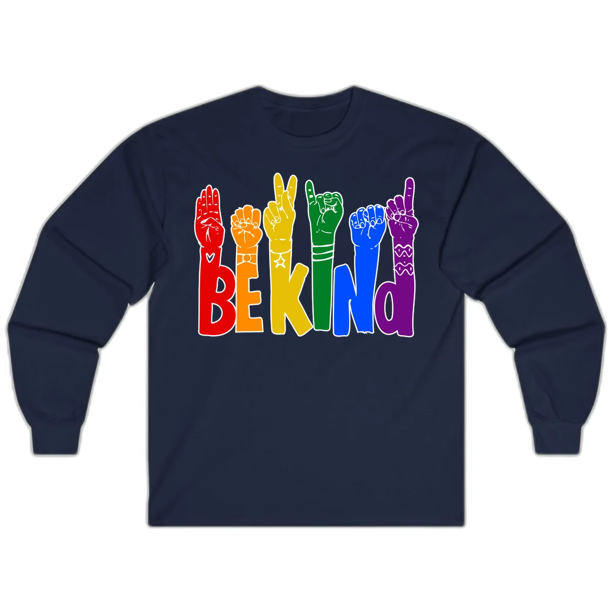 Six colorful raised fists in rainbow colors with 'BE KIND' text, promoting pride, equality, and inclusive messaging in Navy
