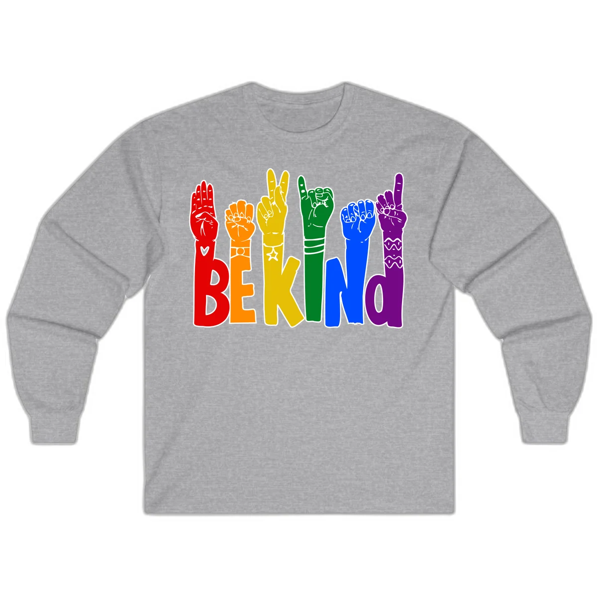 Six colorful raised fists in rainbow colors with 'BE KIND' text, promoting pride, equality, and inclusive messaging in Sport Grey