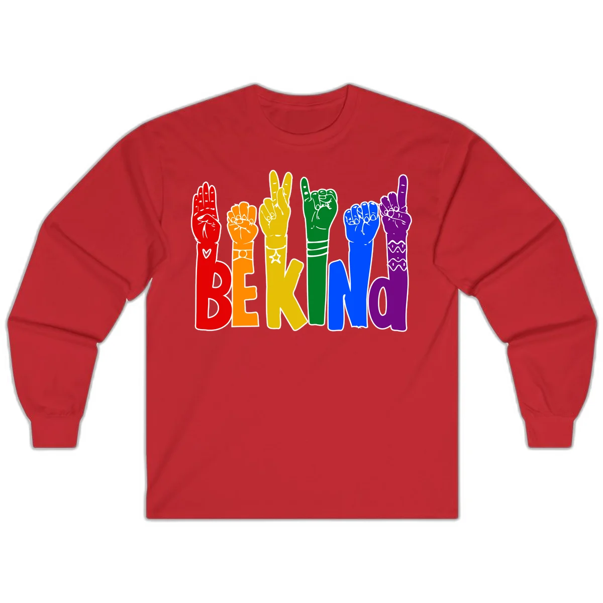 Six colorful raised fists in rainbow colors with 'BE KIND' text, promoting pride, equality, and inclusive messaging in Red
